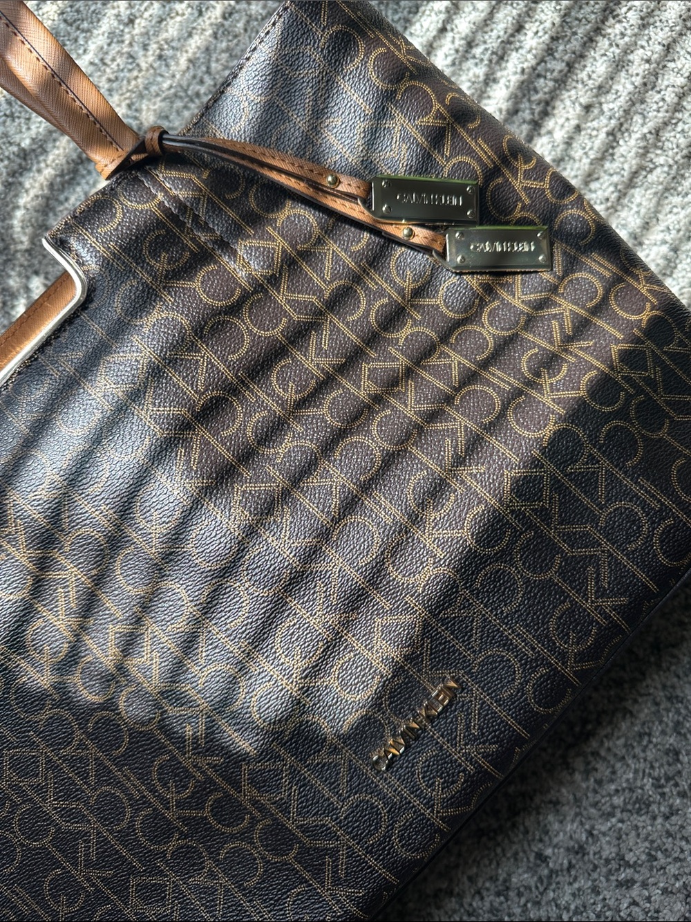Calvin Klein Dark Brown Monogram Tote with Tan Straps NWOT - Picture 9 of 11